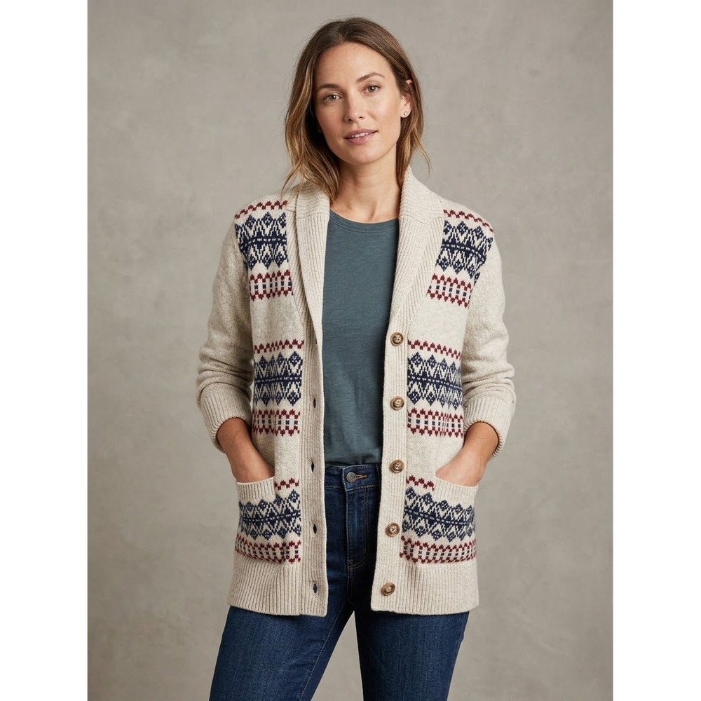 Eddie Bauer Cardigan Sweater XL Oatmeal Fair Isle Shawl Collar Wool Blend Nordic